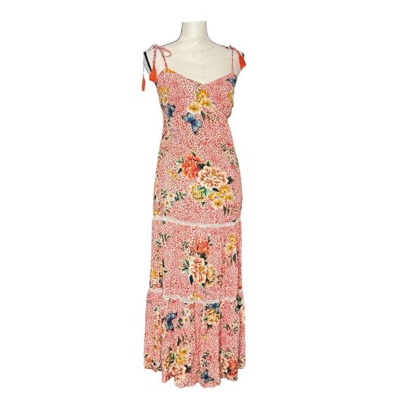 Farm Rio Anthropologie Verbena Midi Dress Tie Strap Tassel Tier Floral Boho xs - Picture 1 of 9